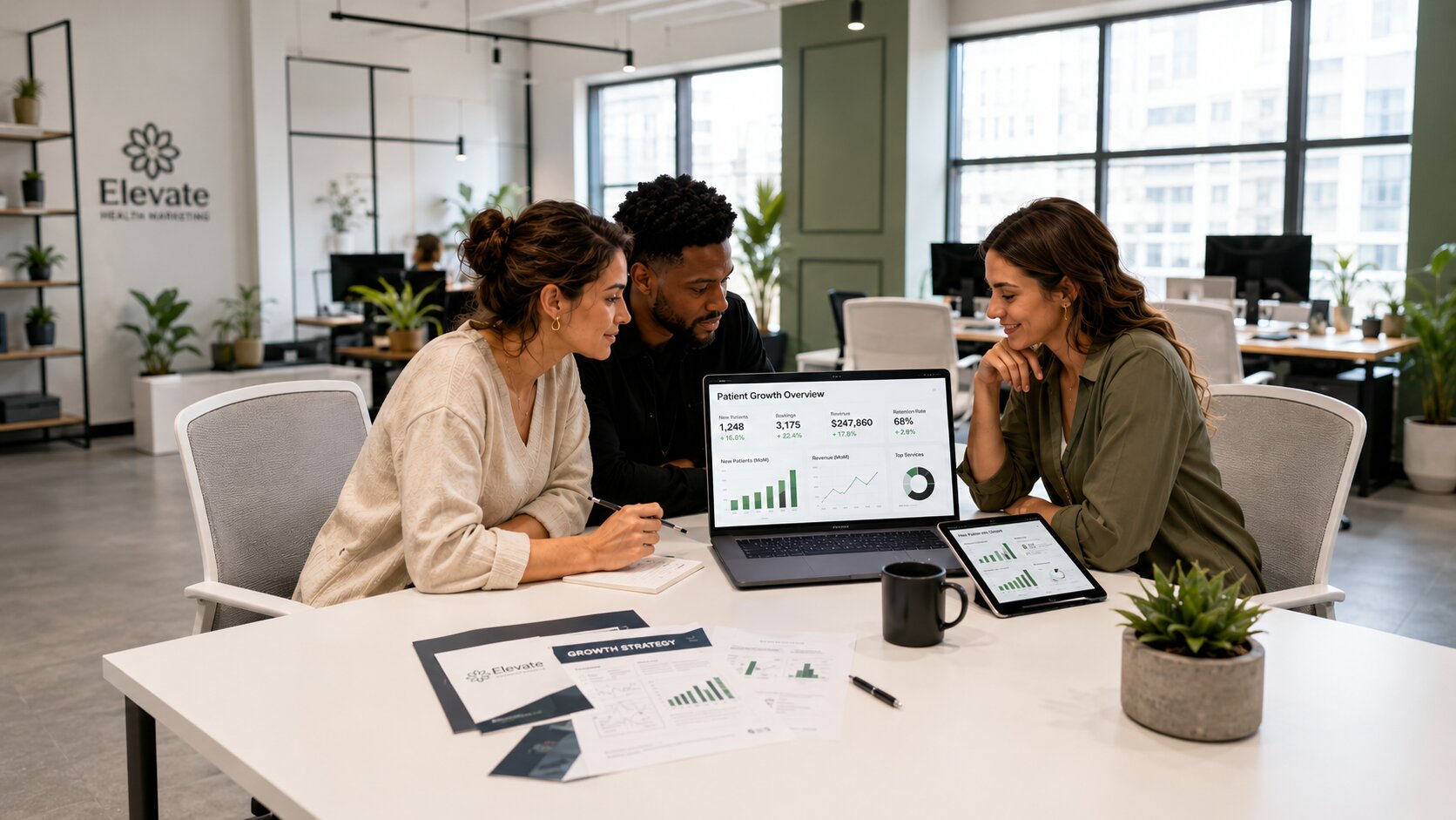 Marketing team reviewing a patient growth analytics dashboard in a healthcare marketing office